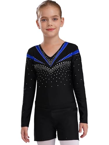 Linjinx Kids Girls Rhinestone Ice Skating Dance Outfits Long Sleeve Gymnastics Leotards with Shorts Sets 2 Piece Tracksuit
