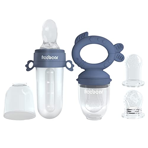 Image of Freebear Baby Fruit Feeder Pacifer, Baby Teething Toys, Silicone , Infants Teether, Baby Food Feeding Supplies for First Stage (2 in 1, Dark Blue)