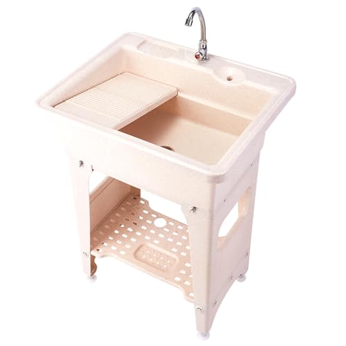 DYUNCZ Fregadero Exterior, Pila Lavadero de Plástico Independiente con Tabla de Lavar, Fregadero Multiusos con Grifo, Mangueras y Kit de Desagüe