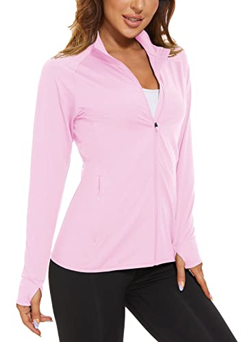 Tacvasen Women's Hiking Shirts Lightweight Breathable Shirt Thumb Holes Climbing, Light Pink, L #TOP4