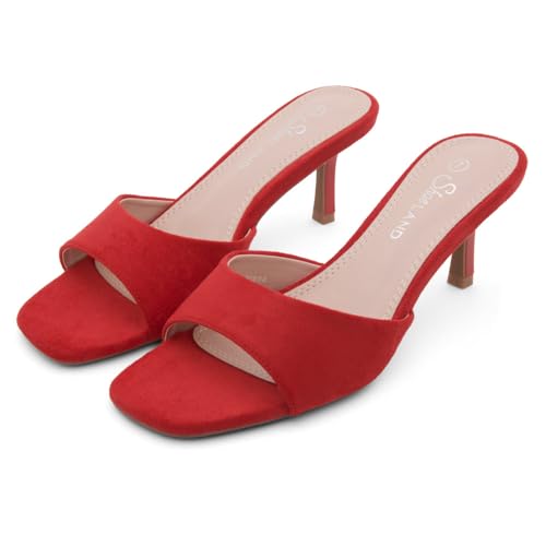 Image of Shoe Land Women's Low Heels Stiletto Heeled Slides, Open Toe One Band Slip-On Heeled Mules - Dressy Heeled Sandals for Prom, Party Wedding and Vacation