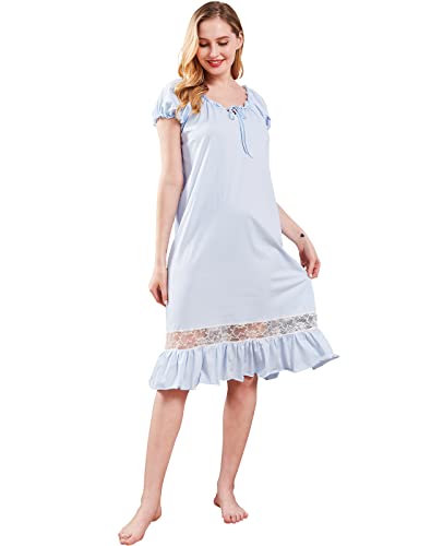 Nanxson Women's Vintage Nightgown Short Sleeve Nightdress Lace Victorian Nightwear Lounge Dress (Large, Blue) #TOP3