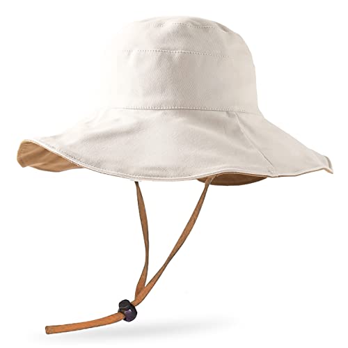 Assqi Women's Sun Hats Summer Beach Foldable Cotton Cap Wide Brim Chin Cord Beige #TOP5