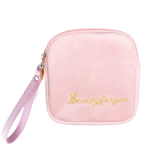 Adorable Pink Peri - Reusable Sanitary Napkin Pads Storage Bag Portable for Women Girls | Soft Touch Velvet with Matching Open Clip Lanyard | Reusable | Zero Waste Period (Pink Velvet)