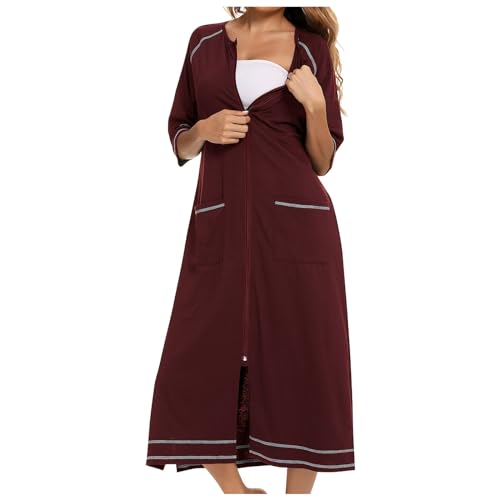 Generisch Rubehoow - Albornoz para mujer, con cremallera frontal, albornoz de media manga, suave, de algodón, con bolsillos, rojo, S
