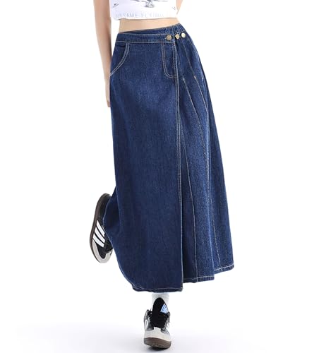 chouyatou Women's Y2k Irregular Denim Skirt High Elastic Waist Pleated A-Line Midi Long Jean Skirt3