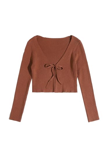 Image of Floerns Women's Tie Front Long Sleeve Rib Knit Shrug Sweaters Cardigan Crop Top