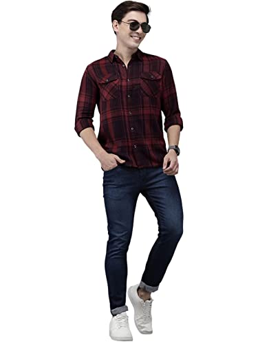 Image of THE BEAR HOUSE Men's Cotton Heavy Weight Maroon Tartan Checked Flannel Casual Shirt | L |TBH-Ursus-MR-L |