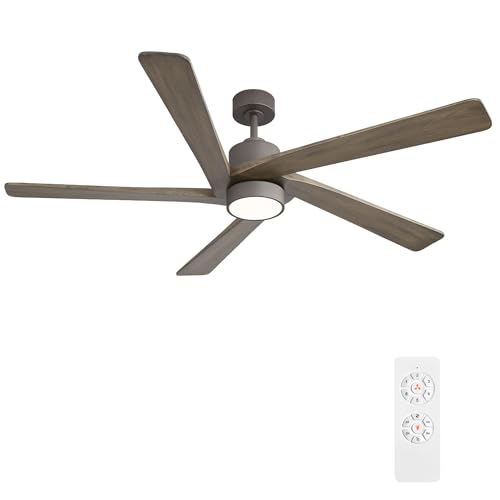 Image of WINGBO 64 Inch DC Ceiling Fan with Lights and Remote Control, 5 Reversible Carved Wood Blades, 6-Speed Noiseless DC Motor, Modern Ceiling Fan in Graphite Finish with Gray Blades, ETL Listed