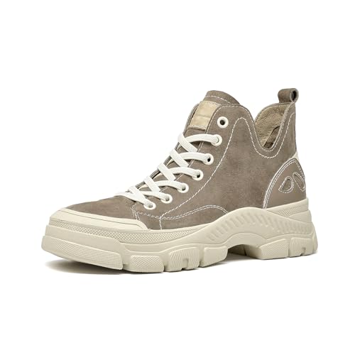 BEAU TODAY Women’s Flat Sneakers, Retro Comfortable Lace-up Fashion Sneakers for Women, Buckle Decoration Casual Leather Walking Shoes