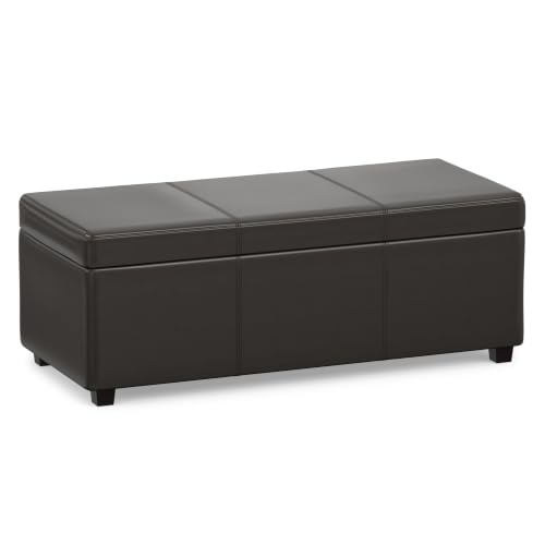 Image of SIMPLIHOME Avalon 44 inch Wide Vegan Leather Storage Ottoman in Tanners Brown