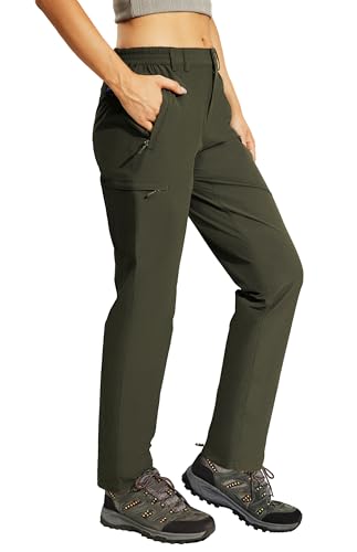 Haimont Women Hiking Pants Elastic Waist Nylon Quick Dry Performance Pants, Straight-Leg, Water Repellent, Olive Green, L