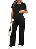 BLENCOT Maternity Clothes Ribbed Knit Lounge Set Short Sleeve Top and Long Pants Maternity Sleepwear Pajamas Sets Two Piece Matching Outfits Set Black XL