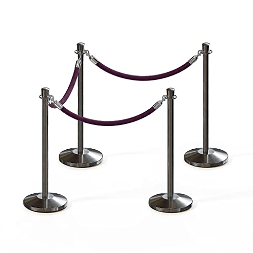 CCW Post and Rope Stanchion Kit with 4 Satin Stainless Steel Crown Top Posts and 3 Purple Heavy Duty Velvet Cotton Core Ropes (6ft.Each) in Satin Stainless Snap Ends