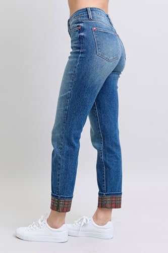 Judy Blue Women's Plaid Print Cuff Straight Leg Jeans with Pockets4