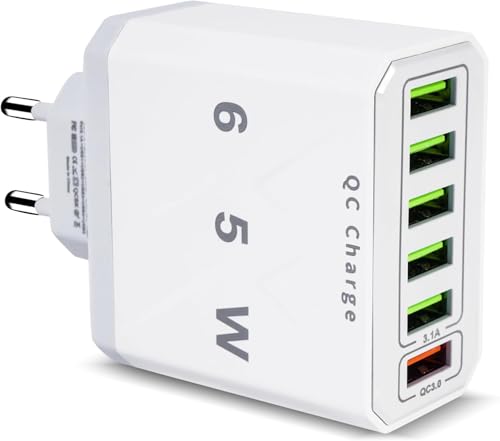 Cargador USB 65W, 6 Puertos Cargador Carga Rápida QC 3.0, Enchufe Cargadors Multiple USB, Carga Movil Charger para iPhone 15 Pro MAX 14 Plus 13 12 11 SE XR, iPad, Samsung