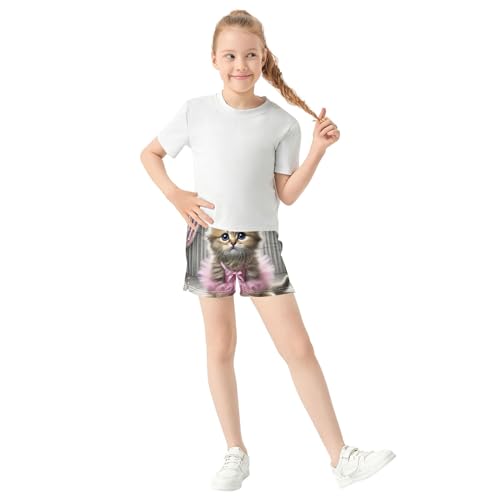 Girls & Athletic Shorts Sweet Elegant Kitten Ballerina Print Cute Casual Summer Activewear Sleep Shorts, X-Small2