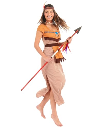DEGUISE TOI - Déguisement indienne robe longue sexy femme - Robe - Coiffe - Ceinture - M - Marron - Déguisements adultes - 100% Polyester - Lavage à la main...