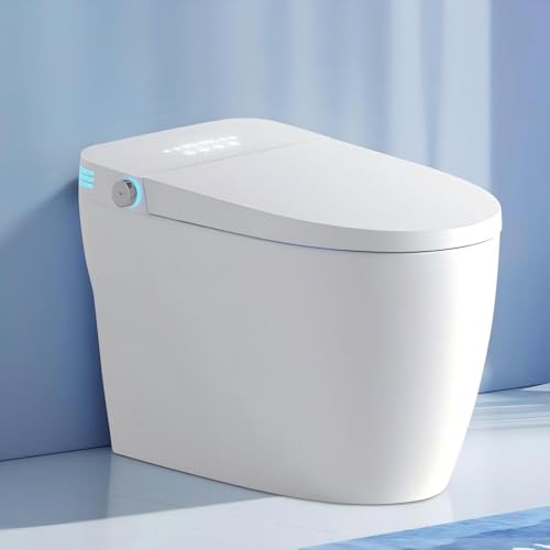 Inodoro inteligente sin tanque Virubi con bidé integrado, inodoro de una pieza con descarga automática, asiento calefactado, agua tibia y secado, temperatura ajustable, control remoto y sensor de pie, cerámica blanca para baño