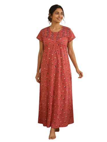 Image of 9shines Label Stylish Bamboo Cotton Nighty Maxi for Women | Full Length Trendy Nightgown | Premium Nightdress | Nightwear | Embroidery Nighty with Pocket (9666)