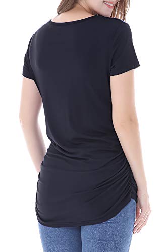 Smallshow Women's Maternity Shirt Side Ruched Tunic Pregnancy Top Clothes 3-Pack Black/Light Grey/White Stripe Medium #TOP4