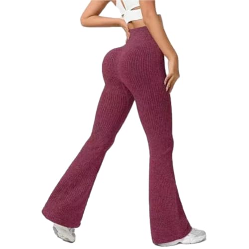 ZERAOKE Women High Waist Soft Stretch Ribbed Flare Yoga Pants Tummy Control Workout Leggings for Gym Running Casual Wear-Burgundy-S