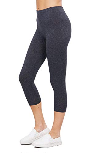 Khanomak Women's Basic Solid Fitted Cotton Capri Cropped Mid Rise Leggings Pants