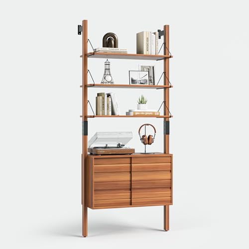 JOINICE, Ladder Bookshelf with Storage Cabinet, Mid Century Modern Wall Mounted Bookcase with Wood and Metal Frame, 6 Tier Open Display Shelves for Living Room, Bedroom, Home Office, Cherry