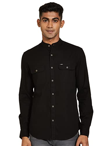 Image of The Indian Garage Co Men Slim Fit Solid Full Sleeves Mandarin Collar Double Flap Pocket Casual Shirt