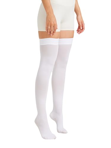 Image of NURCOM 15-20 mmHg Medical Compression Stockings with Dot Silicone Band, Closed Toe Thigh High Compression Socks for Women & Men, Graduated Support Stockings for Varicose Veins, Edema,White,Small