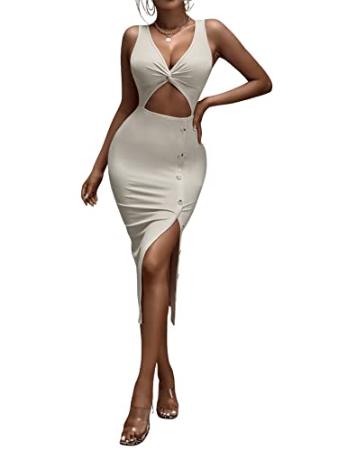 Romwe Women s Cut Out Twist Front Button Single Breasted Slit Hem Deep V Neck Split Thigh Midi Dress Beige S