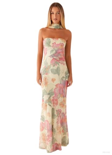 Women's Floral Tube Maxi Dress with Scarf - Y2k Strapless Bodycon Long Dress, Mesh Formal Cocktail Sundress Floral S