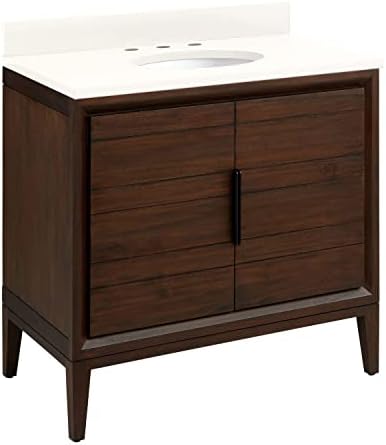 Signature Hardware 482502 Aliso 36" Free Standing Single Basin Vanity Set with Teak Cabinet, Granite Vanity Top, and Oval Porcelain Undermount Sink - Java/Arctic White
