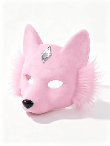 ChayWillow Pink Plush Fox Half Face Mask with Rhinestone Accent