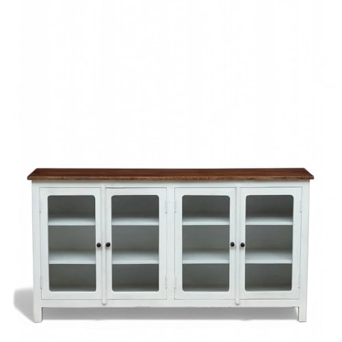 Image of Solid Wood Madrid 4-Door Glass Sideboard Cabinet | Crockery | Kitchen Cabinet | Finish - Premium White