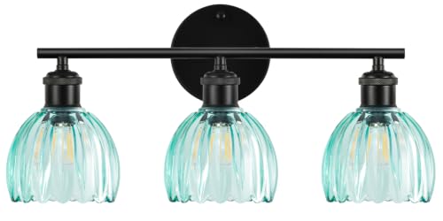 Image of Bathroom Light Fixtures, 3-Light Brushed Black Vanity Lights for Bathroom with Blue Tulip Glass Shade, 20 inch Vintage Bathroom Vanity Lighting Fixtures Over Mirror for Bedroom Living Room Hallway