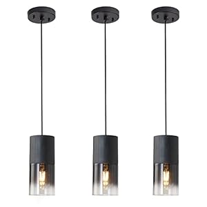 3-Pack Black Pendant Light Fixtures, Adjustable Modern Pendant Lights for Kitchen Island, Industrial Glass Pendant Lights for Dining Table Hallway Bedroom Living Room