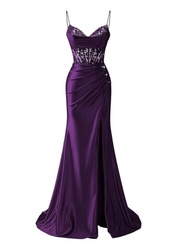 Ztikolen Plum 2026 Satin Mermaid Prom Dresses - Spaghetti Straps V-Neck Gown with Lace Embroidery Slit for Evening Reception Plus Size 18W