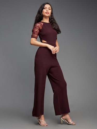 Image of Miss Chase Women's Halter Neck Sleeveless Solid Wide Leg Sequin Paneled Regular Length Jumpsuit