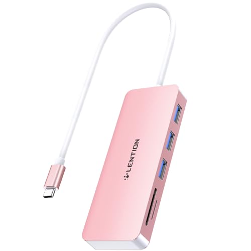 LENTION USB C Hub with 1ft Cable for Laptop Stand, 5-in-1 Multiport Adapter with 3 USB 3.0 5Gbps, TF/SD Card Reader for iPhone 17/16/15, Compatible with MacBook Pro/Air, iPad, Surface, Rose Gold
