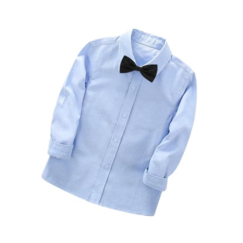 duxyoz Hemd mit Knopfleiste und abnehmbarer Fliege, Schuluniformhemden, langärmelig, formelle Button-Down-Shirts, Kinder, Baumwolle, lässig, Sommer, einfarbig, klassisches Hemd, Krawatte, Bluse, 2–14