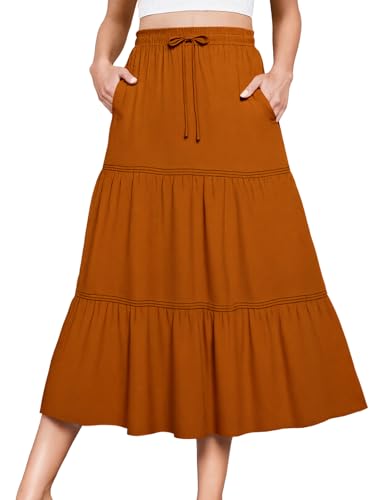 DRESSTELLS Flowy Boho Midi Skirts for Women, Lightweight High Waist Casual Summer Long Skirt Beach to Office, Caramel S