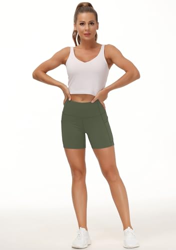 Image of THE GYM PEOPLE High Waist Yoga Shorts for Women's Tummy Control Fitness Athletic Workout Running Shorts with Deep Pockets