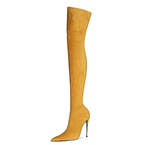 Ciuyurra Mode Femmes Bottes Elastique Ankle High Stiletto Bout Pointu Bottes au Genou Slouch OverBottes au Genou Soirée Fête Heels Suède Yellow size 41 Cover