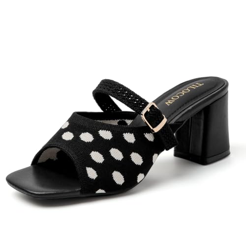 Image of Tilocow Knit Heeled Sandals for Women Square Open Toe Heeled Mules Chunky Block Low Heel Slip On Slides