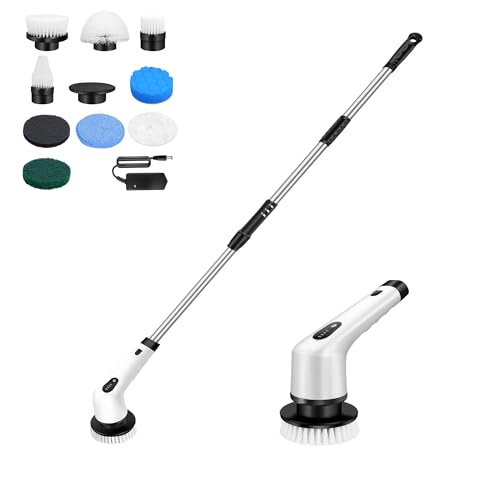 Electric Spin Scrubber, Cordless Electric Scrubber for Cleaning, Adjustable & Detachable Handle Shower Scrubber with 9 Replaceable Brush Heads, Cordless Electric Scrubbe for Floor,Bathroom, Kitchen