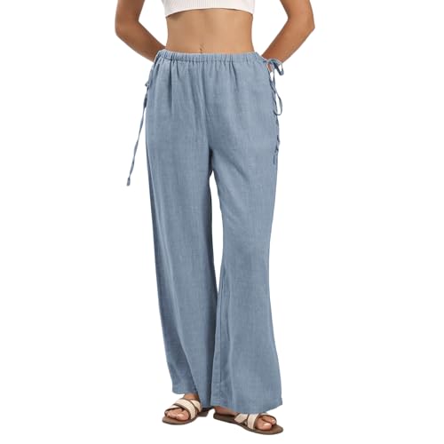 Amazhiyu Women's 100% Linen Pants Summer Casual Wide-Leg Lounge Palazzo Pockets
