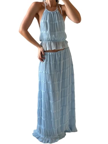 Womens 2 Piece Maxi Skirt Set Halter Open Tie Back Tank Top Elegant Long Skirts Summer Beach Vacation Outfits