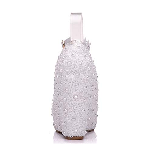 Dressfirst White Lace Wedding Shoes Wedge Heel Closed Toe Platform Pumps Wedges Maryjane with Buckle Imitation Pearl Rhinestone Applique2