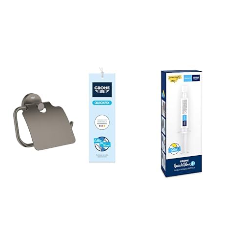 Pack GROHE Start Porte-Papier Toilette avec Couvercle Anthracite Brossé Hard Graphite avec Colle QuickFix A1, Installation Facile, Temps de durcissement 24 Heures, 41179AL0 + 41127000